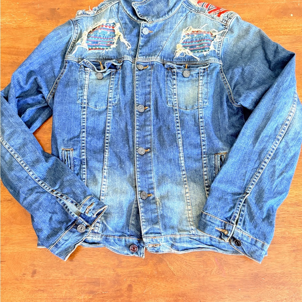 Zara Blue Denim Jacket with Embroidered Shoulder Accents